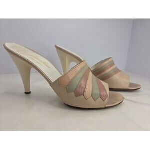 Vintage Garolini Peep Toe Slip On Pastel Leather Heeled Sandals Sz 6 Italian EUC